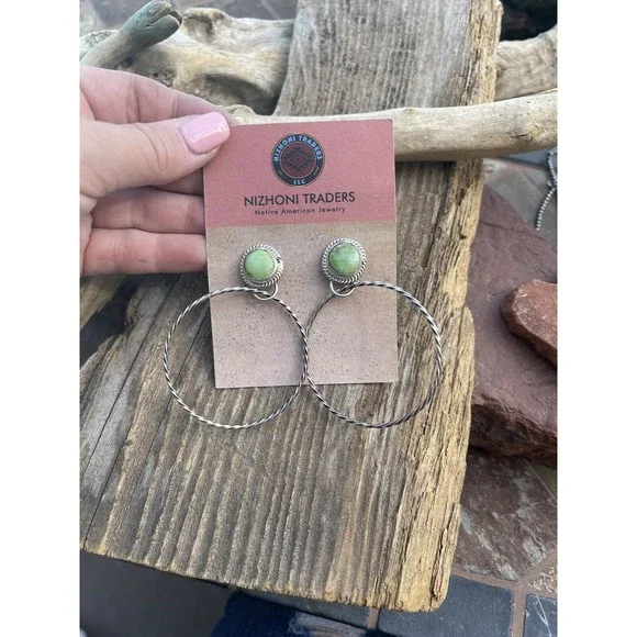 Navajo Sonoran Gold Turquoise & Sterling Silver Dangle Hoop Earrings